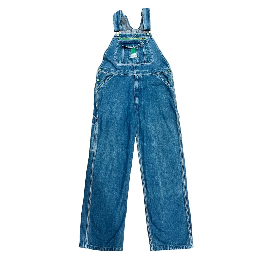 Liberty Bib Overalls Mens Blue Denim Green Accents Utility Workwear 38x32